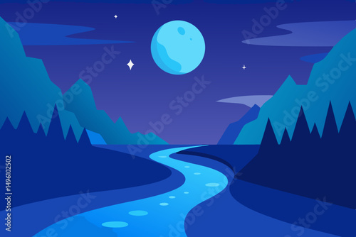 Mystical Fantasy River Flowing Underneath a Bright Moonlight 4K Vector Illustration Background