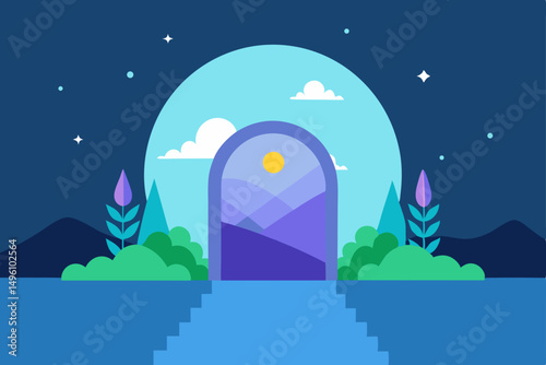 Enchanting Magical Nature Portal Leading to Summer Paradise Vector Illustration Background