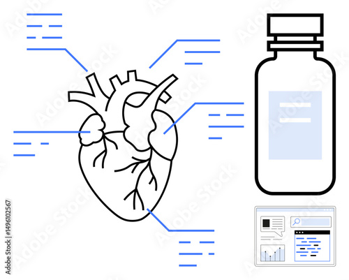 Detailed human heart diagram with labeled sections, a medicine bottle, and an analytic dashboard symbolizing healthcare, cardiology, research, medication, diagnosis, and innovation. Ideal for health