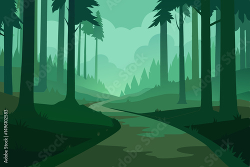 Mysterious Misty Forest Trail Leading Deeper in Ultra HD Vector Illustration Background