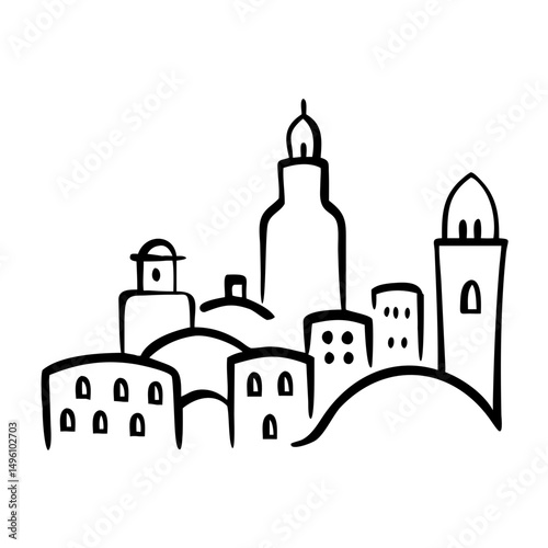 Sketch of a city skyline with minarets representing Maghreb  