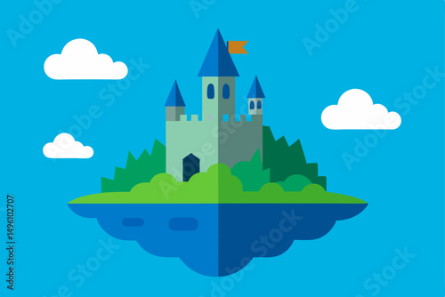 Fantasy AI Generated Island with Majestic Castle and Ocean View Vector Illustration Background