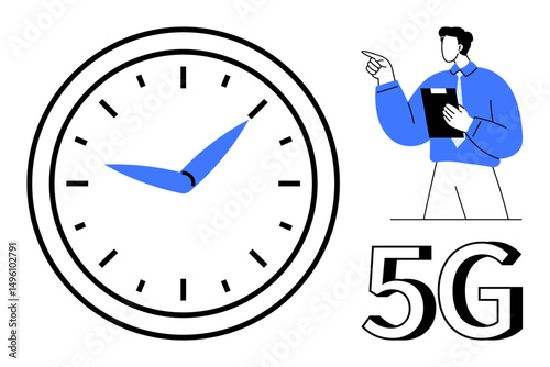 Large analog clock and man holding clipboard gesturing while discussing 5G. Ideal for technology, speed, innovation, productivity, efficiency, communication, time management. Flat simple metaphor