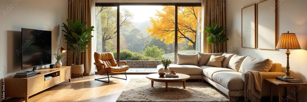 Cozy and bright living room interior with large windows, comfortable furniture, and stylish decor Perfect for relaxation and entertainment , pillows, lighting Cozy and bright living room interior with large windows, comfortable furniture, and stylish decor Perfect for relaxation and entertainment , pillows, lighting