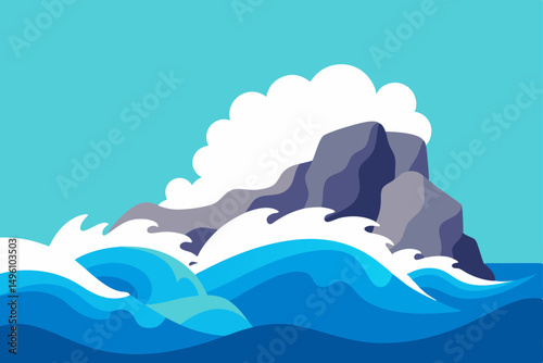 Dynamic Summer Sea Waves Crashing Against Dark Rocks Vector Illustration Background