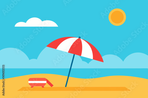 Bright Sunny Beach Scene with Colorful Umbrella and Beach Towel Vector Illustration Background