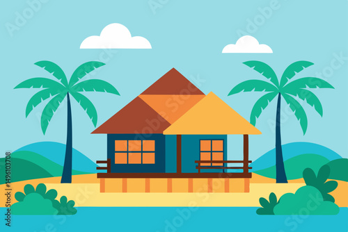 Secluded Beach Bungalow in Lush Tropical Nature Vector illustration Background