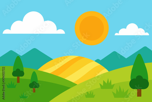 Idyllic Hills and Meadows in Bright Summer Sunshine Vector illustration Background
