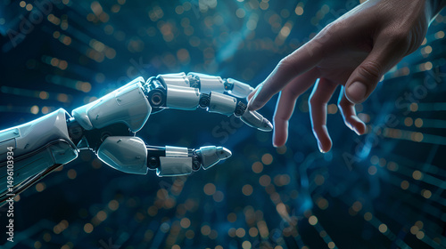 A human hand reaching out to touch the hand of a robot against a blurred blue background with bokeh