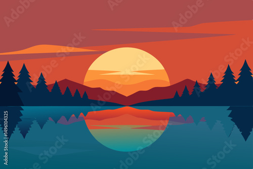 Beautiful Sunset Over Summer Lake with Clear Reflection Vector illustration Background