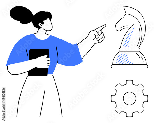Woman holding tablet, pointing at chess knight and gear mechanism, conveying strategy, planning, and innovation. Ideal for leadership, decision-making, business, analysis problem-solving futuristic