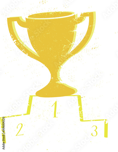 Vector illustration of a gold trophy on a podium, isolated on white background. Ideal for sports, competition, awards, recognition, success, and symbolic concepts like victory and achievement.