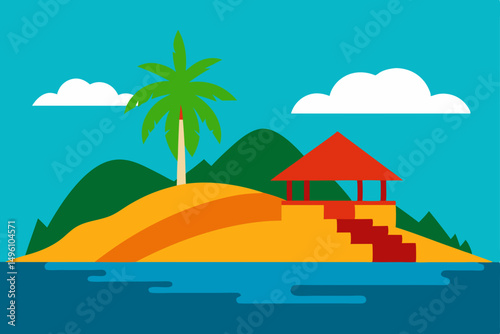 Tropical Island Resort View Scenic Wallpaper Background Vector illustration Background