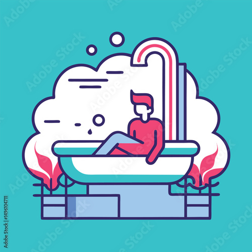 Line Icon Of Hot Spring Bath With Person Relaxing