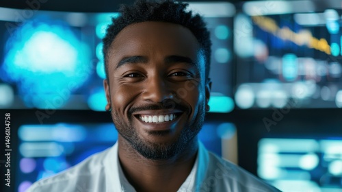 Black male cybersecurity analyst smiling at camera, with security monitors in the background.