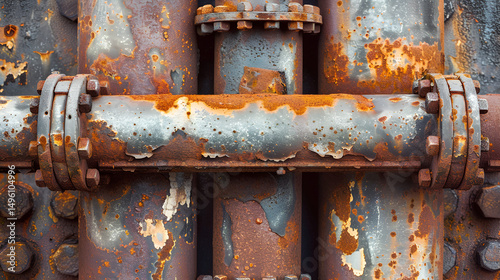 A close up of heavily rusted industrial pipes and flanges with peeling paint and visible bolts