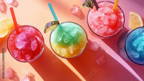 Summer concept - colorful slush drinks, vacation vibe, top view