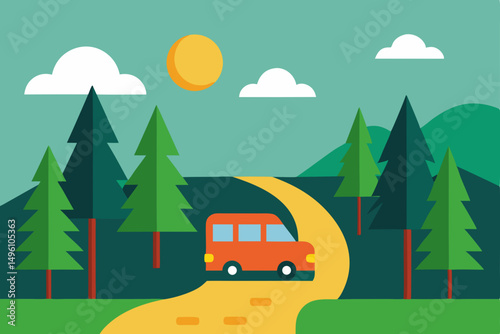 Exciting Adventure Road Trip Through Lush Green Summer Forest Vector Illustration Background