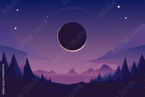 Mysterious Solar Eclipse in Enchanting Magic Landscape 4K Vector Illustration Background