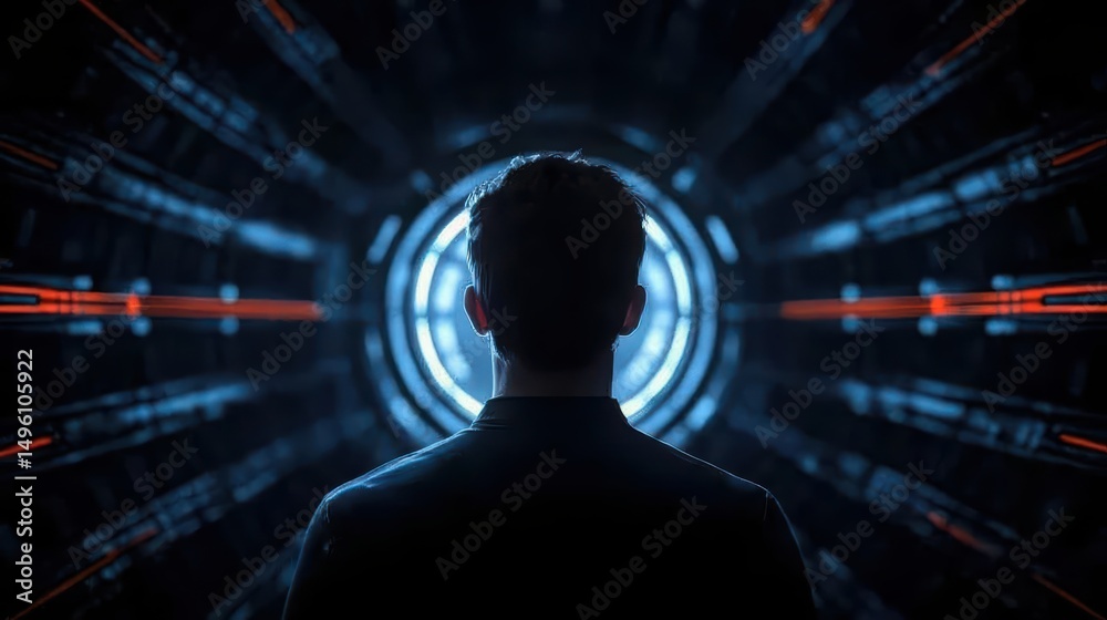 Fototapeta premium Futuristic Technology Concept With Person Gazing Into Abstract Light Tunnel in Dark Environment