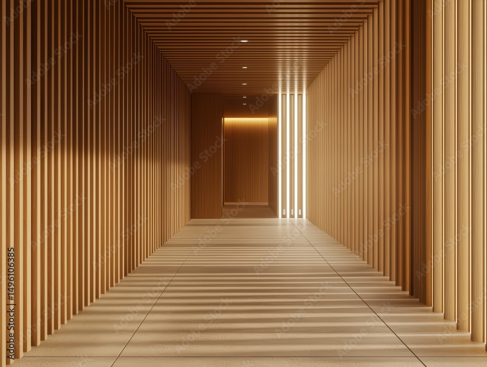 Fototapeta premium Contemporary interior wooden hallway with warm light and shadows creating a calming atmosphere