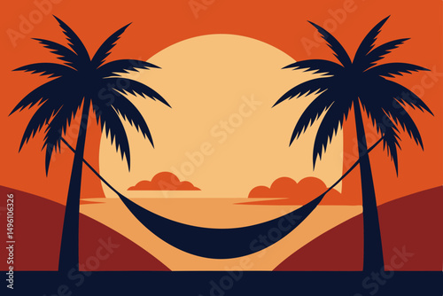 Relaxing Hammock Hanging Between Palm Trees in Warm Sunset Light Vector Illustration Background