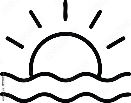 Line Icon Of Sun Rising Over Ocean Waves  Minimal