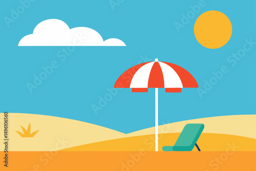 Bright Sunny Beach Scene with Colorful Umbrella and Beach Towel Vector Illustration Background