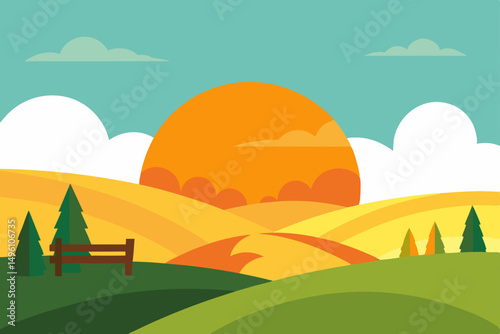 Beautiful Summer Sunrise Over Rolling Hills Countryside View Vector Illustration Background