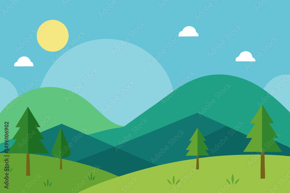 Fototapeta premium Clean Minimal Nature Landscape with Rolling Hills and Trees Wallpaper Vector Illustration Background