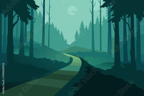 Mysterious Misty Forest Trail Leading Deeper in Ultra HD Vector Illustration Background