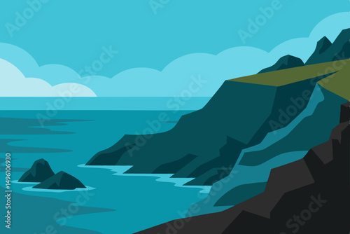 Stunning Rocky Coastal Seascape View in Amazing Ultra HD Vector Illustration Background