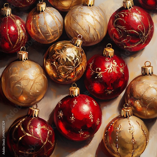 Close-up view of christmas ornaments in various colors and patterns.