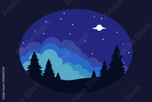 Mysterious Cosmic Sky with Dark Forest Silhouette Vector Illustration Background