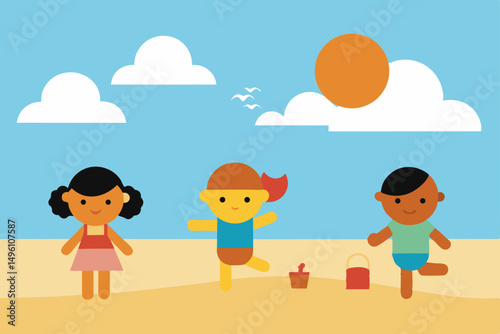 Joyful Kids Playing on Sandy Beach Under Bright Summer Sun Vector Illustration Background