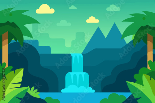 Whimsical AI Generated Fantasy Jungle Scene with Cascading Waterfall Vector Illustration Background