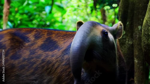 Low angle of Mountain tapir walking on the forest floor through a lush green jungle with dense vegetation undergrowth and tall trees.