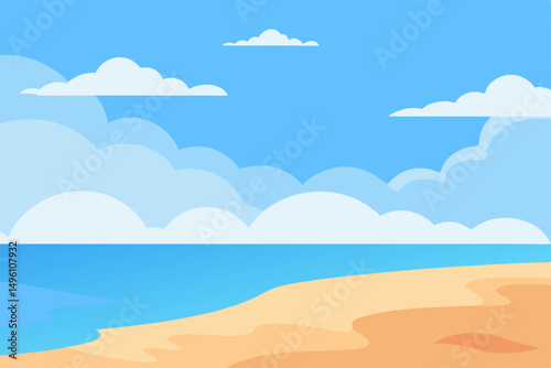 Serene Tranquil Anime Style Beach Scene with Fluffy Clouds Wallpaper Vector Illustration Background