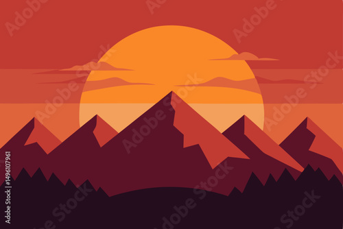 Stunning Sunset Behind Jagged Mountain Range Silhouette Wallpaper Vector Illustration Background