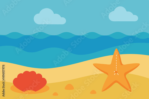 Charming Beach Scene with Colorful Starfish and Seashells Vector Illustration Background