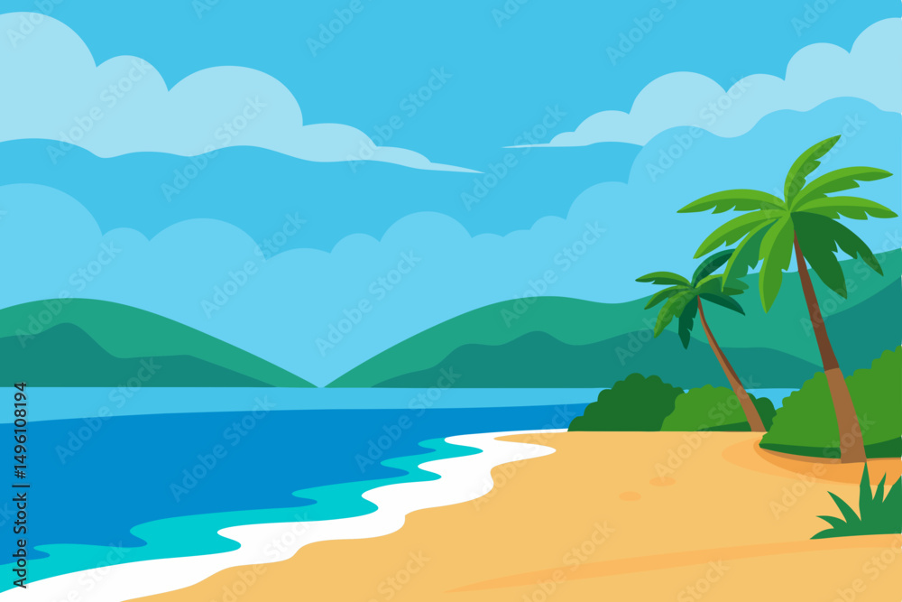 Obraz premium Stunning Tropical Ocean View with Pristine Sandy Shoreline Vector Illustration Background