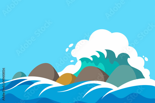 Dynamic Summer Sea Waves Crashing Against Dark Rocks Vector Illustration Background