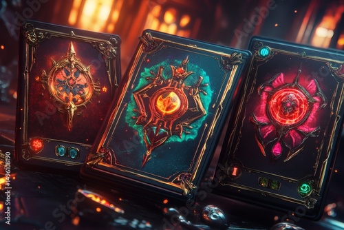 Three ornate fantasy cards, each bearing unique designs and vibrant colors, arranged artfully