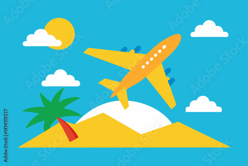 Exciting Airplane Flying Towards Tropical Summer Destination Vector Illustration Background