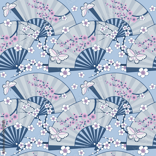 Seamless pattern with Chinese folding hand fan, Plum blossom, and butterfly on light blue background. Japanese vibes wallpaper. Chinoiserie illustration.