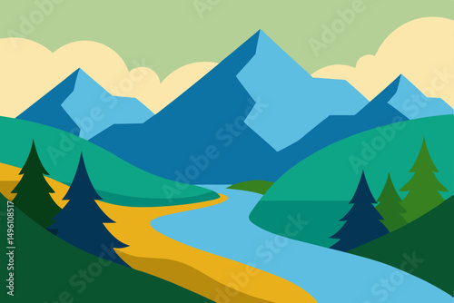 Artistic Hand Painted Mountain and Flowing River Landscape Vector Illustration Background
