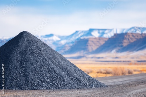 large pile of mined coal sits starkly against arid landscape under clear sky