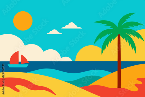 Dreamlike Surreal Beach World with Warm Summer Atmosphere Vector Illustration Background