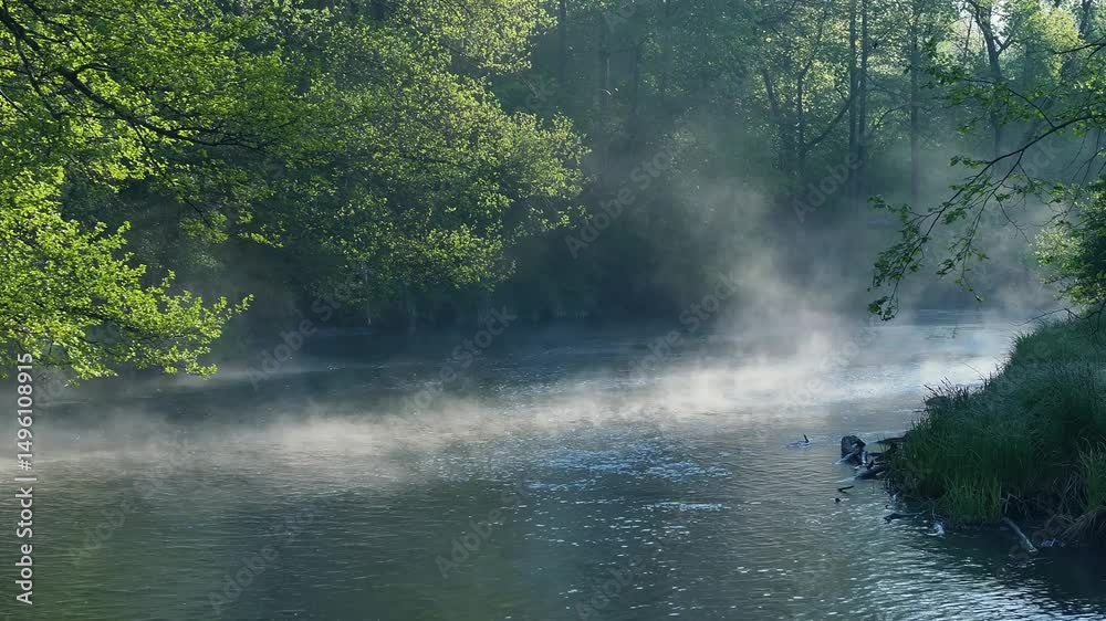 The morning fog over the swift river