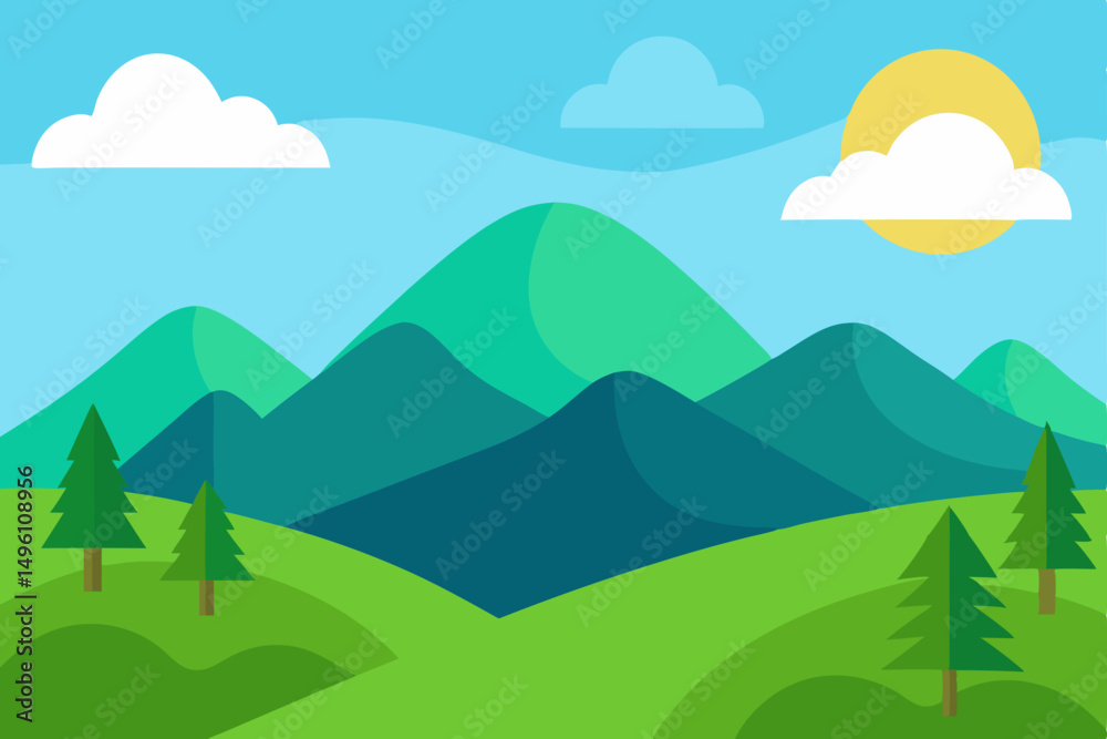 Obraz premium Simple Flat Design Nature Landscape Background with Rolling Hills Vector Illustration Background